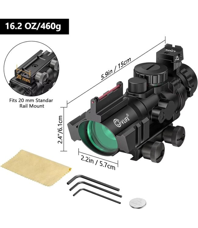 Compact 4x32 Prism Tactical Rifle Scope Red & Green & Blue Illuminated Reticle Scope with Fiber Optic Sight
