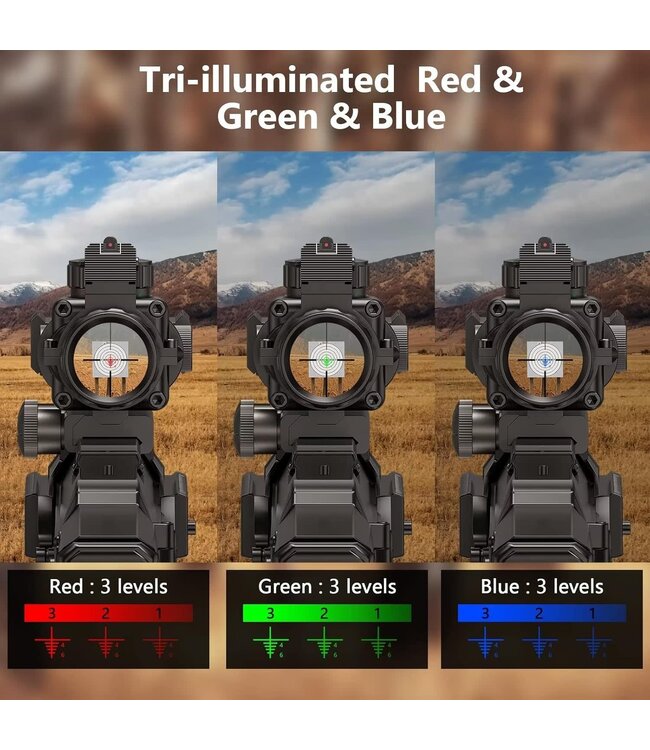Compact 4x32 Prism Tactical Rifle Scope Red & Green & Blue Illuminated Reticle Scope with Fiber Optic Sight