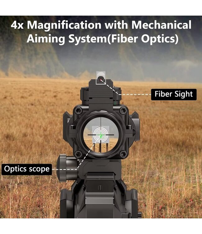 Compact 4x32 Prism Tactical Rifle Scope Red & Green & Blue Illuminated Reticle Scope with Fiber Optic Sight