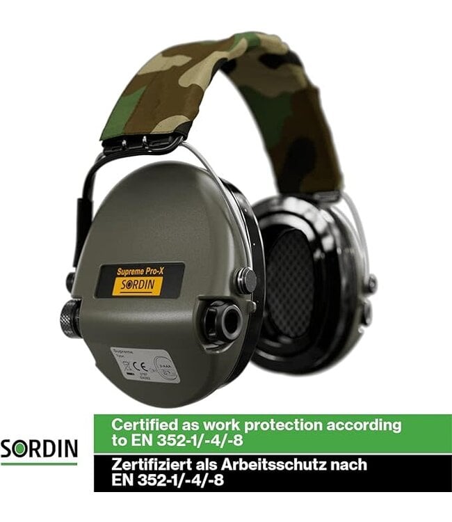 Sordin Supreme Pro-X LED Electronic Hearing Protection - Green Cup, Camo Headband w/GEL Rings