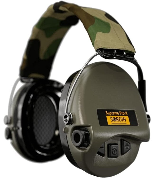Sordin Supreme Pro-X LED Electronic Hearing Protection - Green Cup, Camo Headband w/GEL Rings