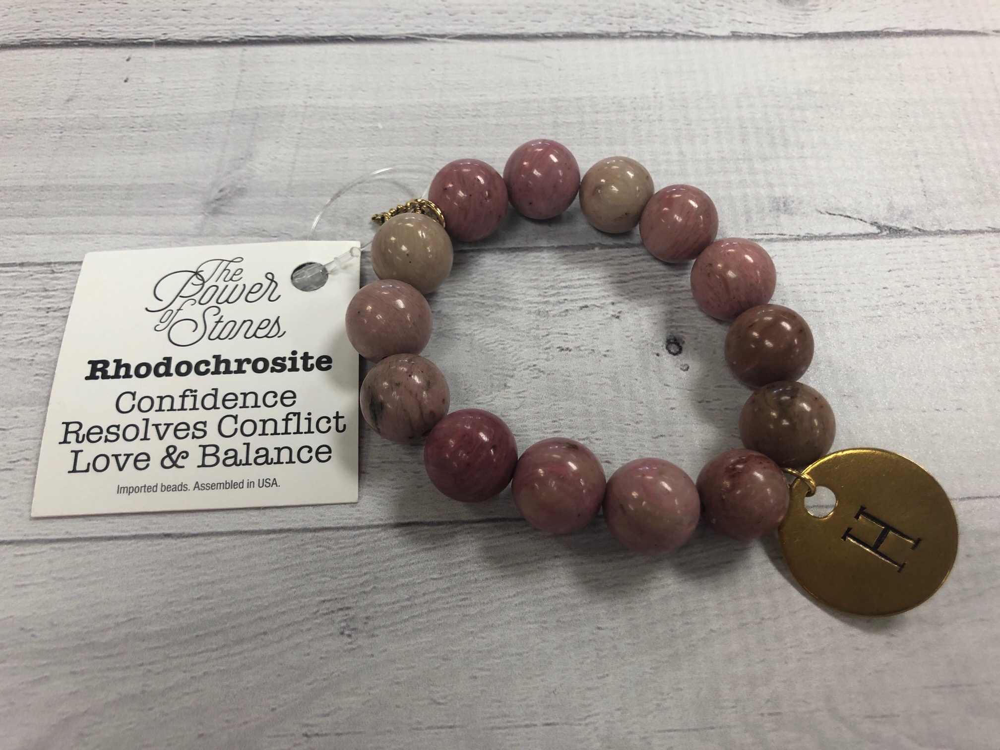 PowerBeads by Jen - Rhodochrosite with Initial H Medal