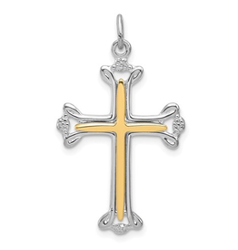 Sterling Silver Rhodium-Plated Polished Vermeil Budded Cross