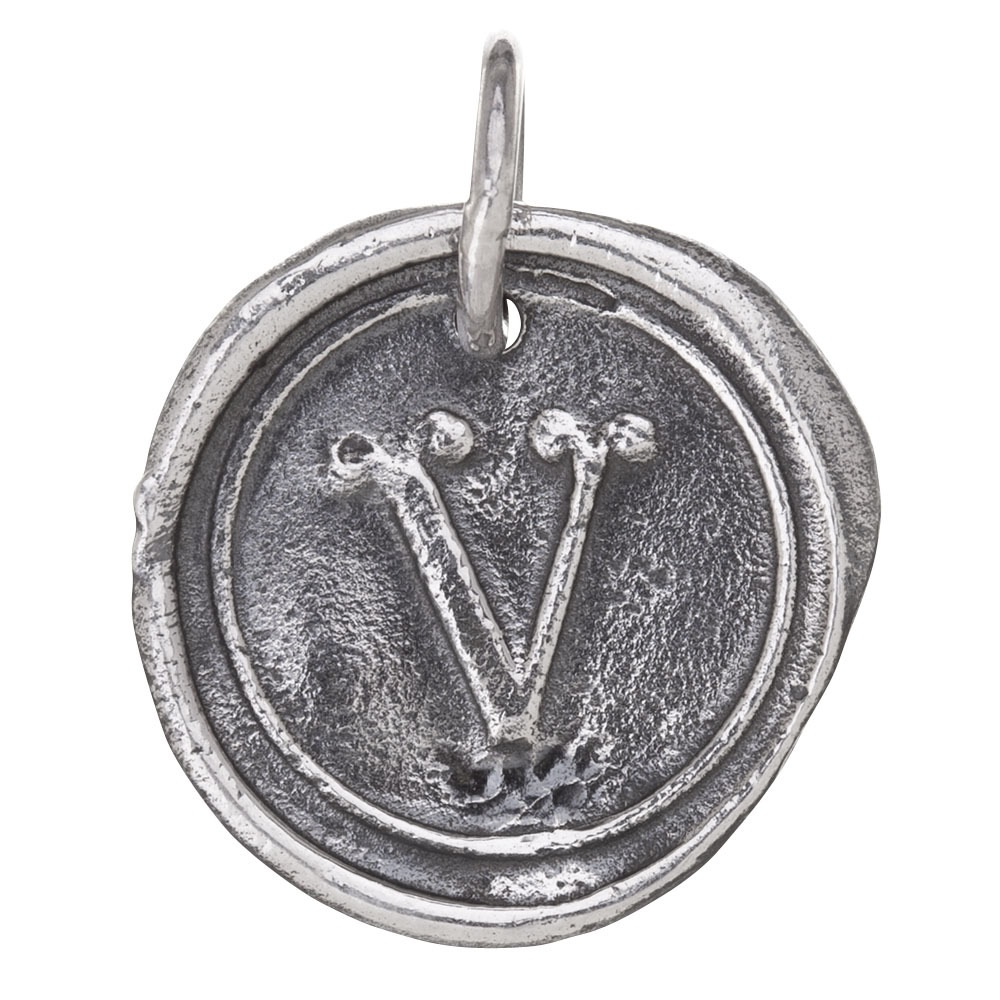 Waxing Poetic Round Insignia Charm- Silver- Letter V