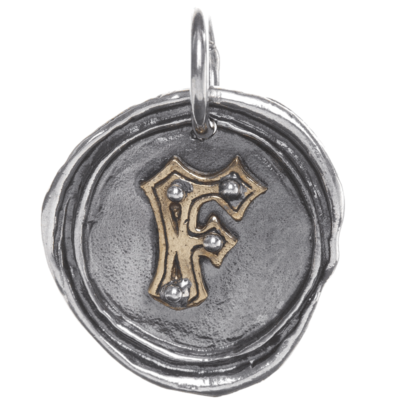 Waxing Poetic Rivet Insignia Charm- Silver/Brass- Letter F