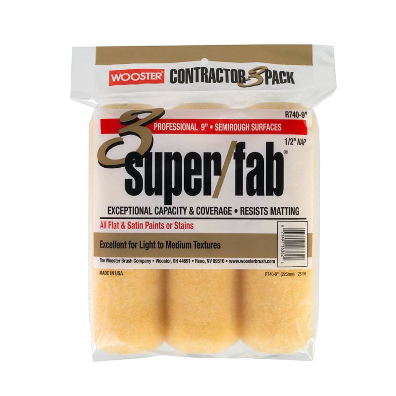 WOOSTER BRUSH COMPANY 9'' SUPER / FAB ROLLER COVER 1/2'' NAP - FLAT PAINTS STAINS 3/PK
