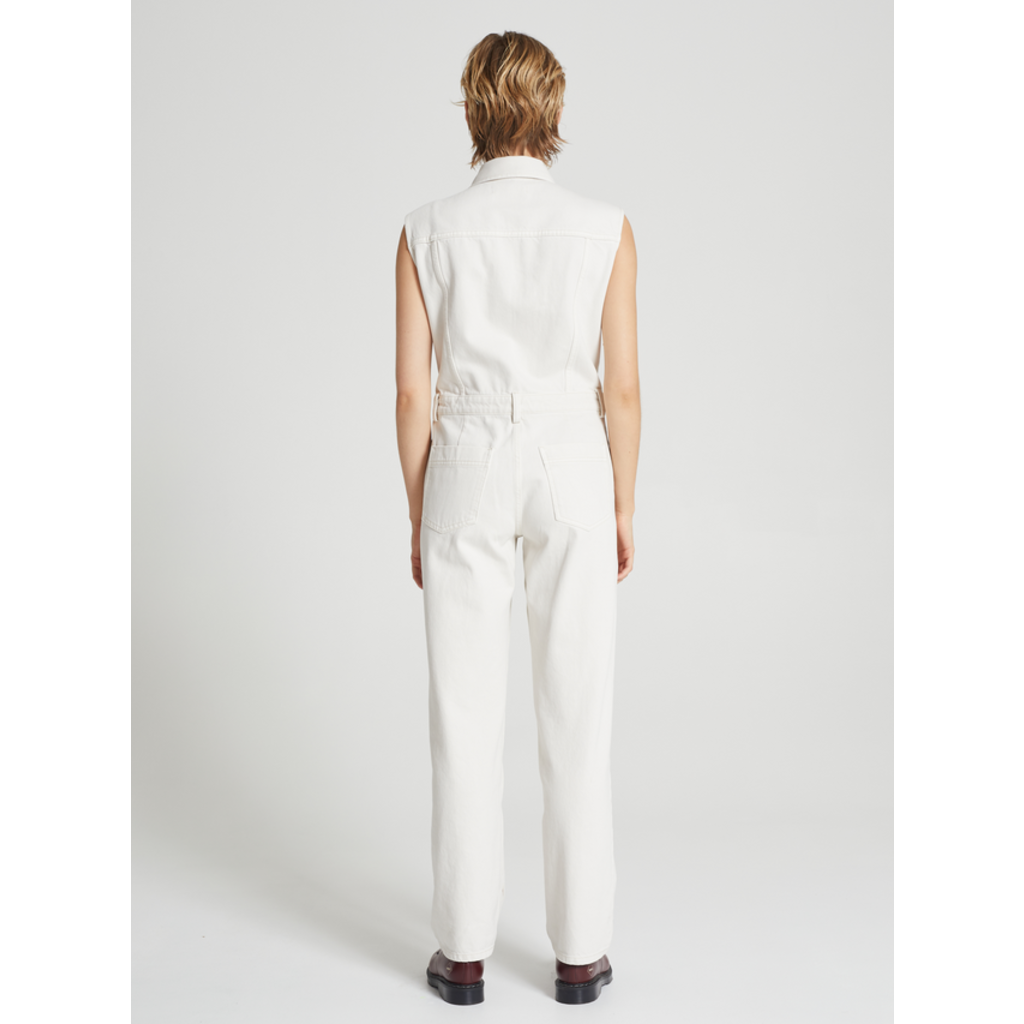 White Denim Jumpsuit With Ruffle Detail | Jumpsuits – Saved by the Dress