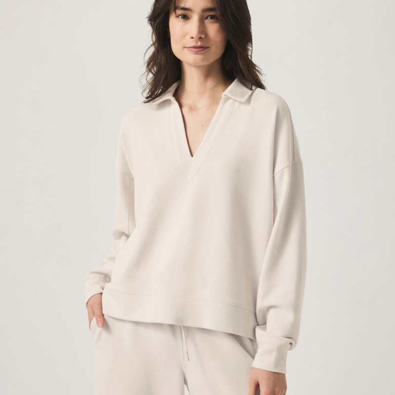 Ladies SPLENDID Splendid Waffle Scuba Polo Sweatshirt