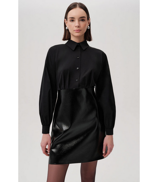 Ladies EXQUISE EXQUISE Fiori Black Faux Leather Mini Shirt Dress