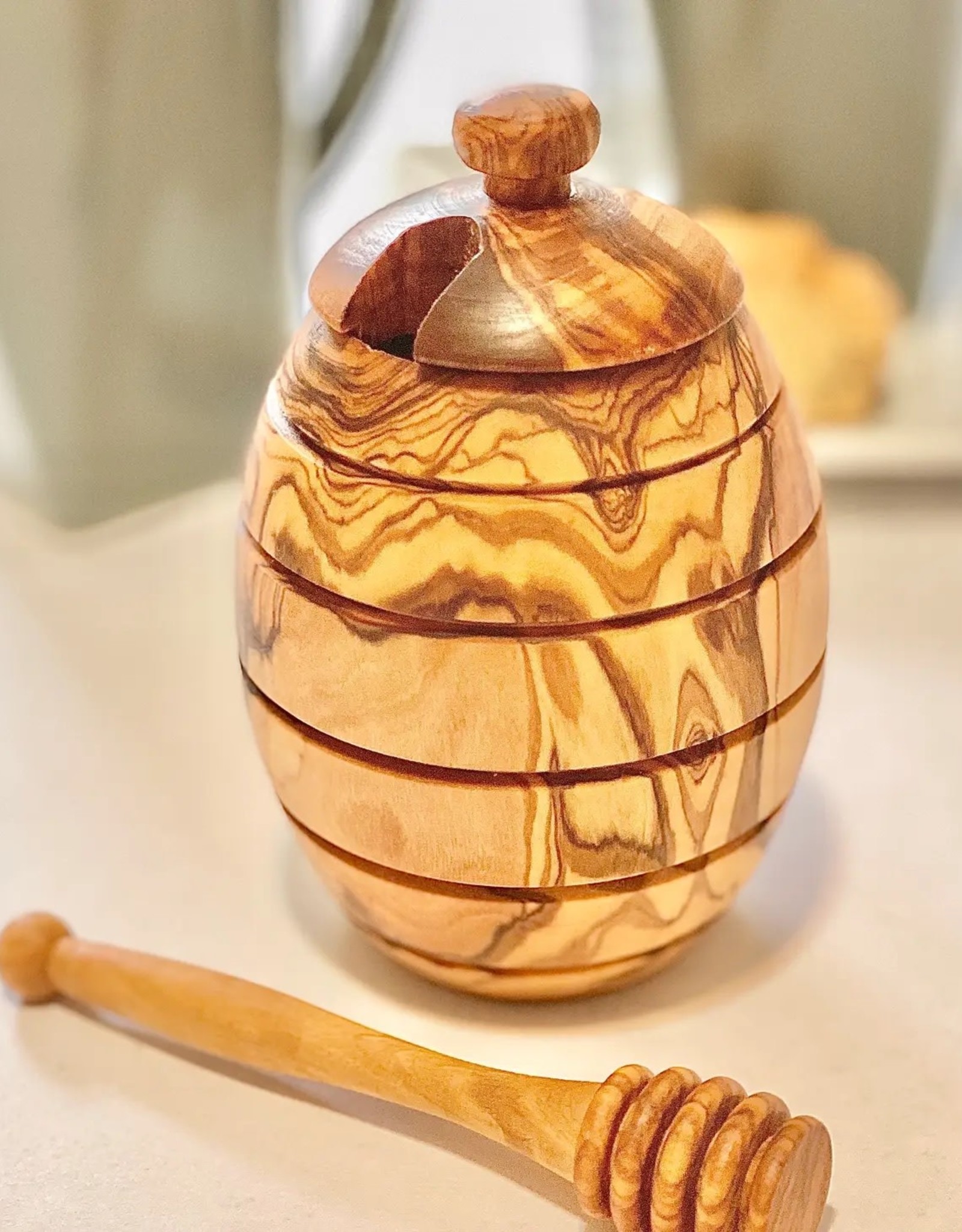 OLIVE WOOD HONEY POT WITH HONEY DIPPER