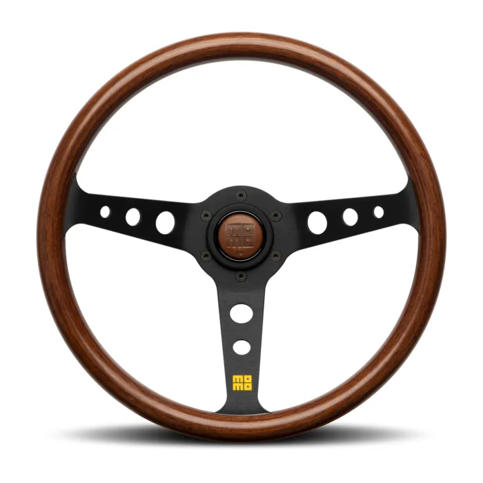 MOMO MOD07 350mm Wheel - Mahogany Wood w/ Black Anodized Aluminum Spokes & Heritage Momo Logo
