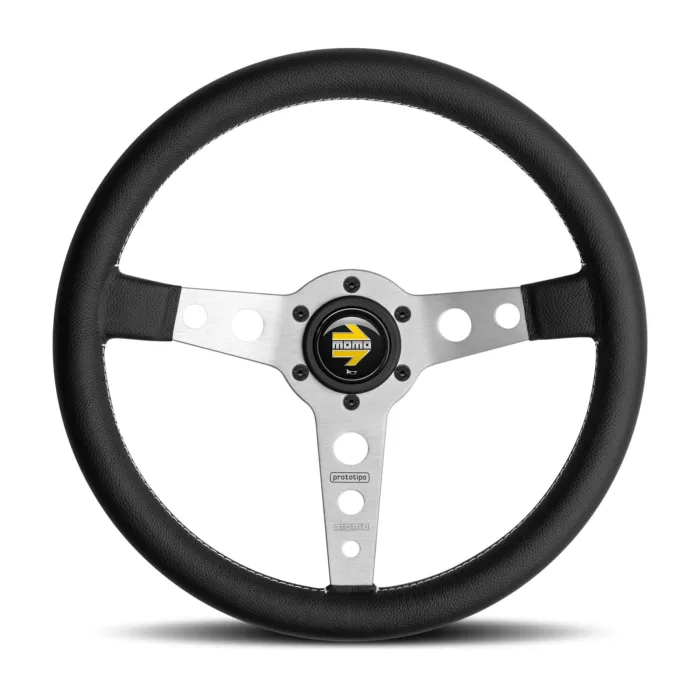 Momo Prototipo Steering Wheel 350 mm - Black Leather/White Stitch/Brshd Spokes