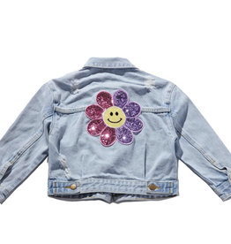 Petite Hailey patch denim jacket- pink daisy