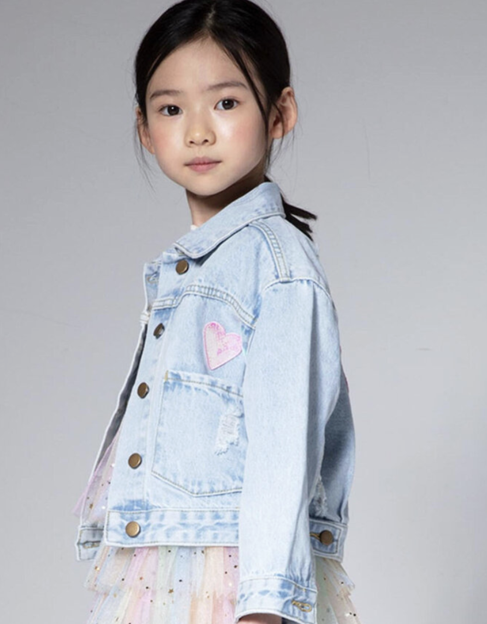 Petite Hailey patch denim jacket- pink daisy