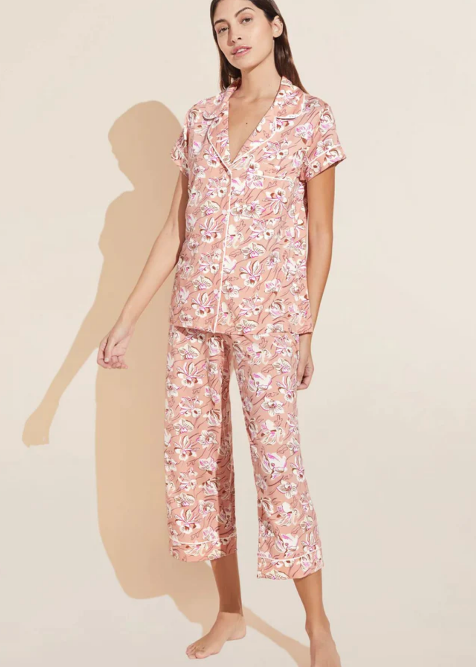 Eberjey Gisele Printed Short Sleeve Cropped PJ - Fiore Rose Cloud/Ivory
