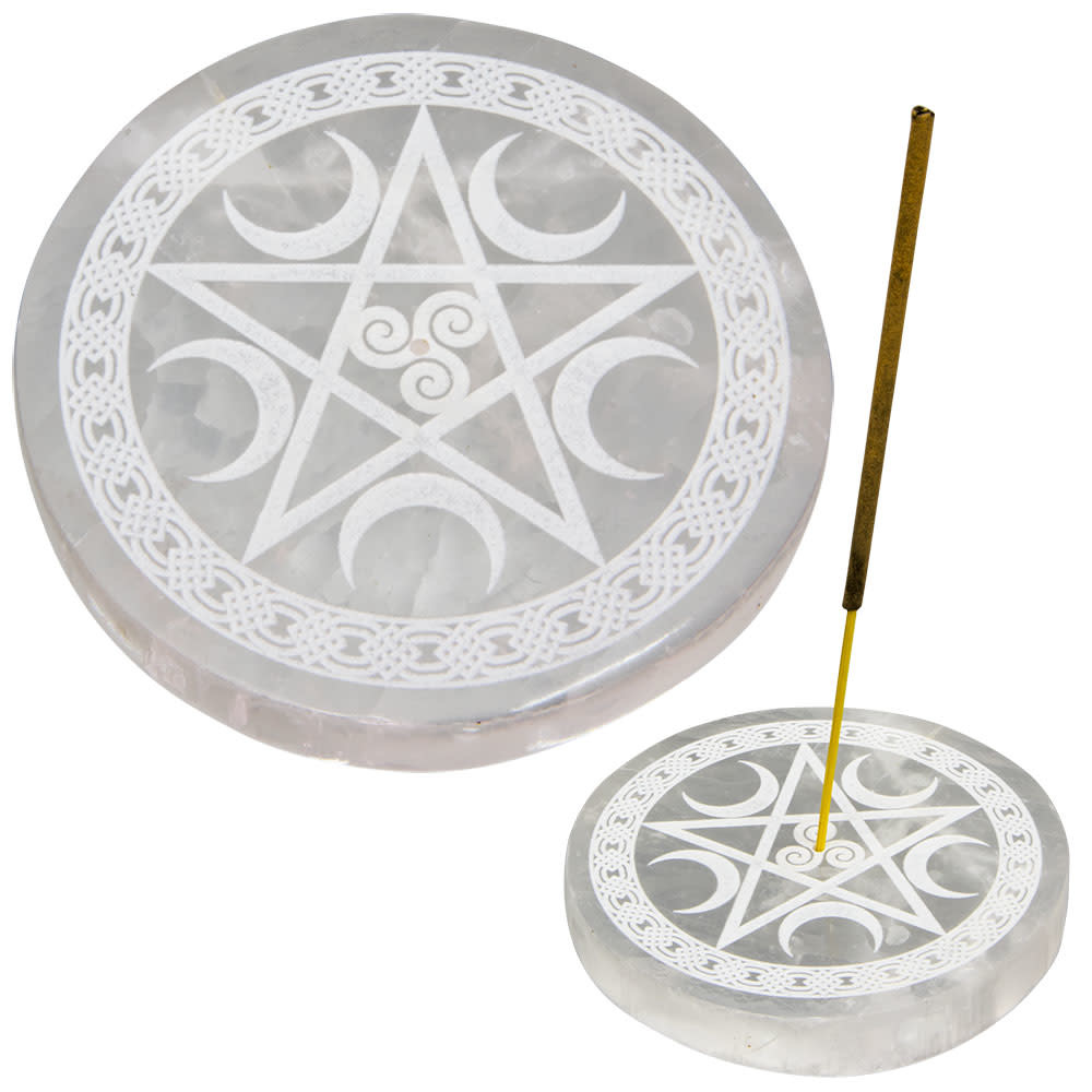 Incense Holder Selenite Round w/ Pentacle 89560 The Open Mind Store
