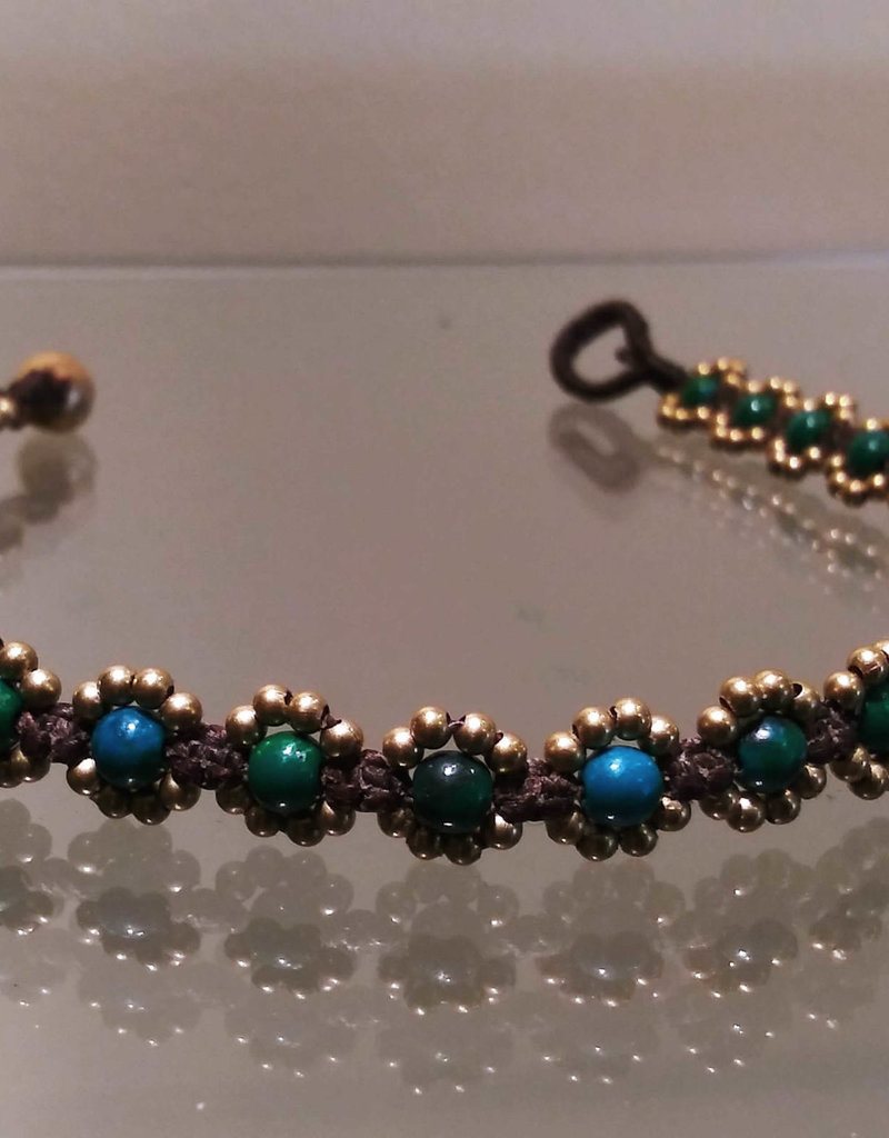 Anklet - Eight Bronze Bead Flower Turquoise - A22012