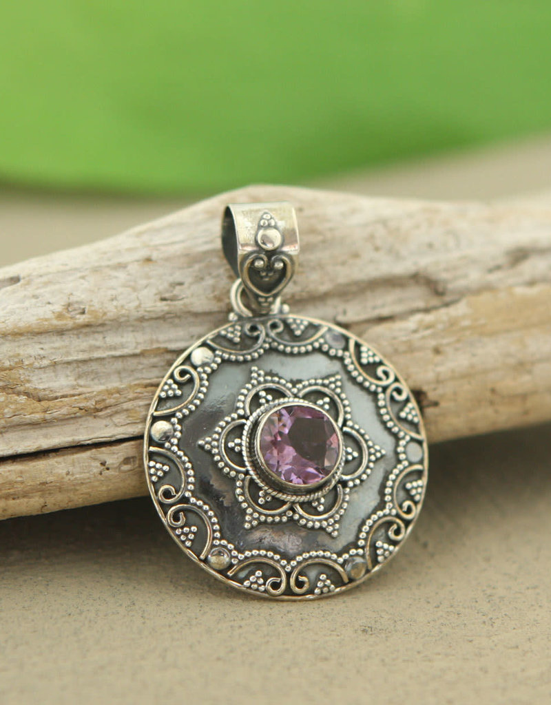 Indian Metalwork with Amethyst Sterling Silver Pendant