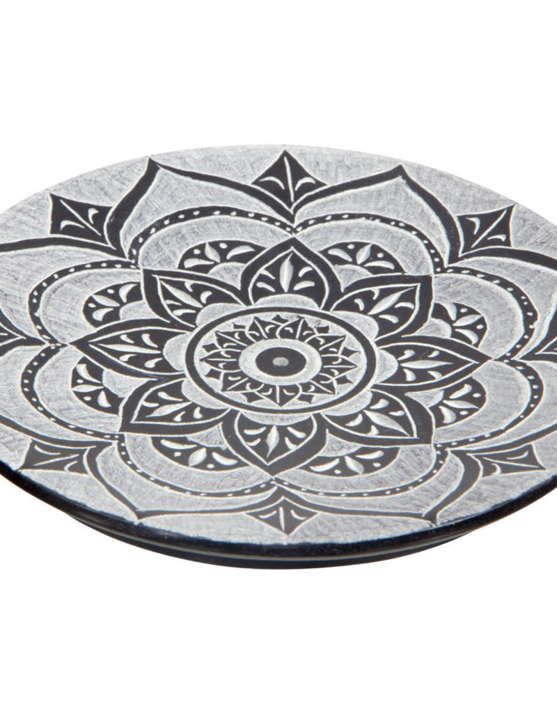 Incense Holder -  Soapstone Round Lotus Mandala - Black - 89551