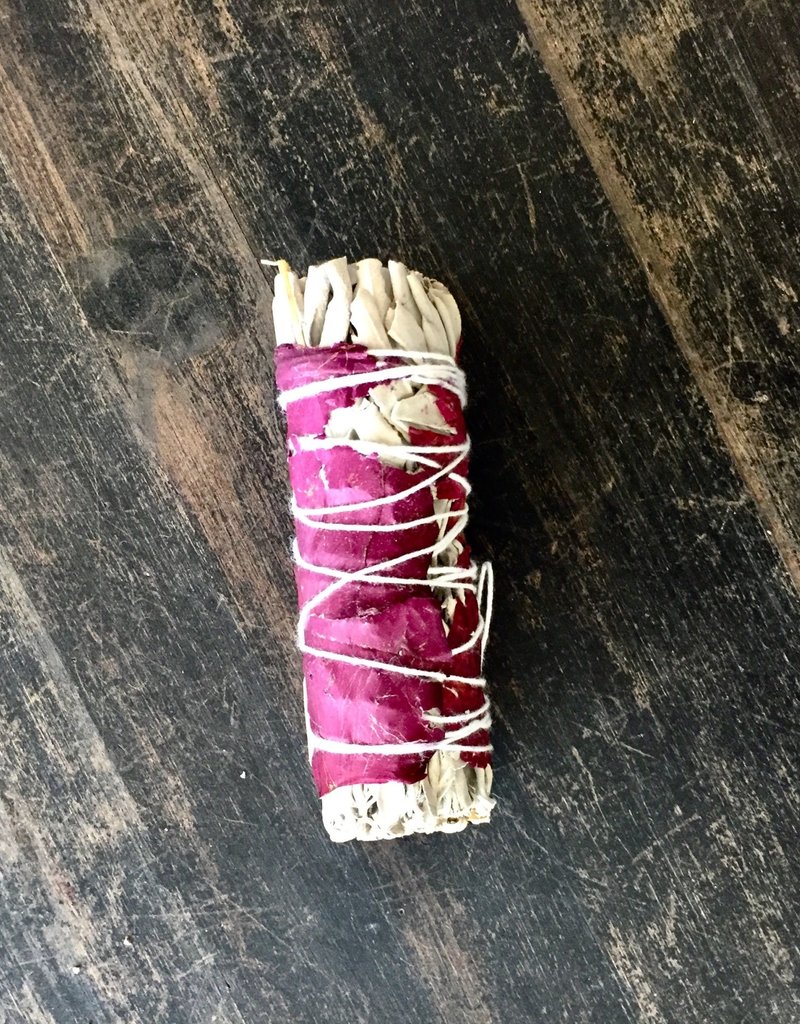 White Sage & Red Rose Petals Smudge- 4 inch- NA-WHSRROSE