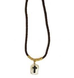 Mens Necklace - Handcrafted Recycled Leather and Jute with Pewter Cross and Dog Tag - N8014