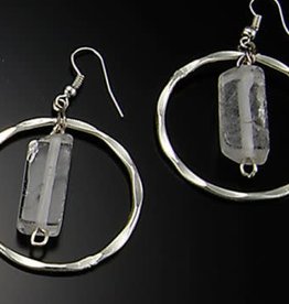 Earrings - Hammered Silver Plated Hoop with Quartz s - 1 inch - E340Q