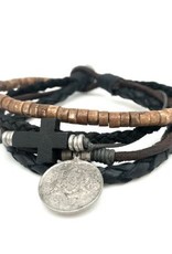 Mens Bracelet - Five Strands with Cross and Medal - B8032