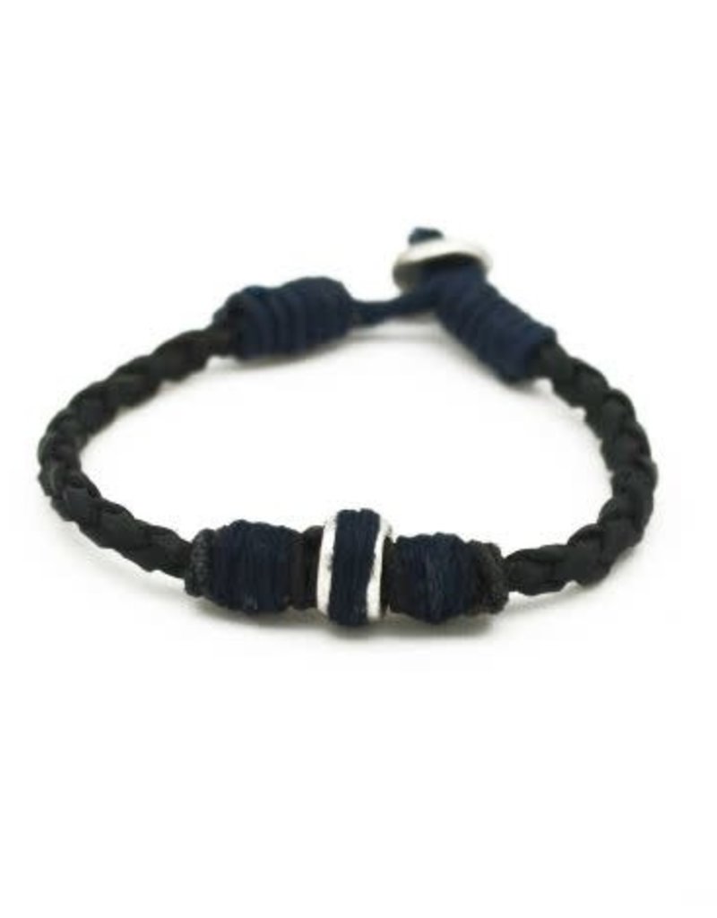 Mens Bracelet - Handcrafted Recycled Leather, Jute, Aluminum Bead - B8014