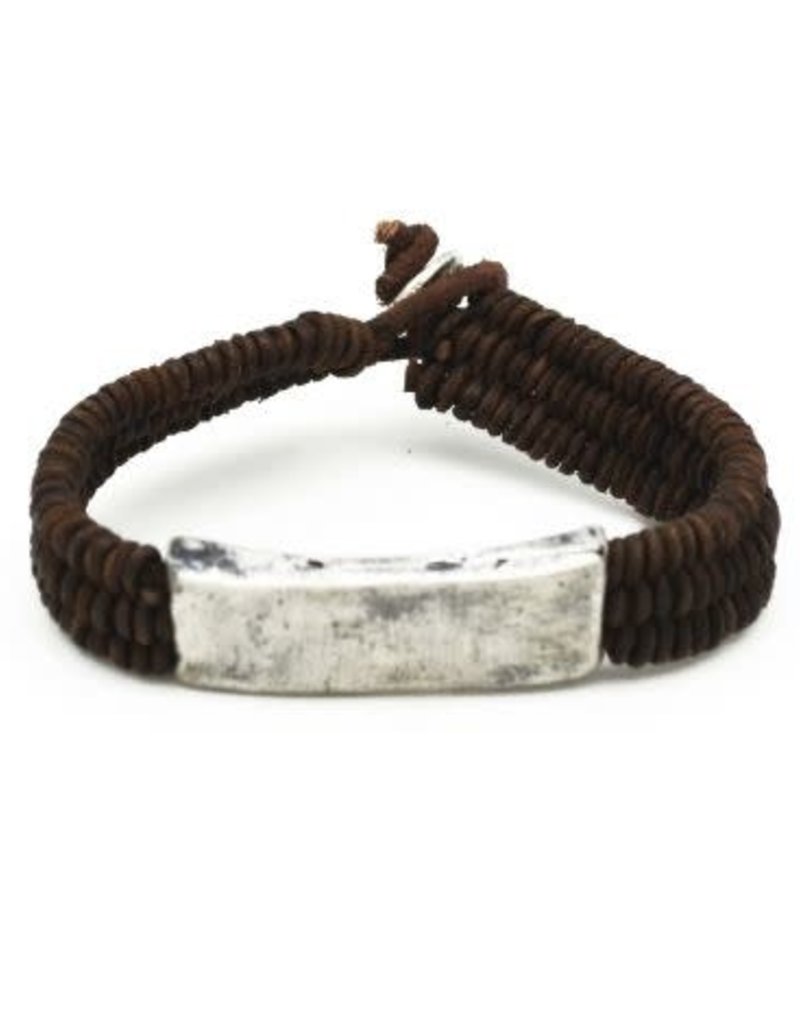 Mens Bracelet - Handcrafted Recycled Leather, Jute, Aluminum Rectangular Plate - B8018