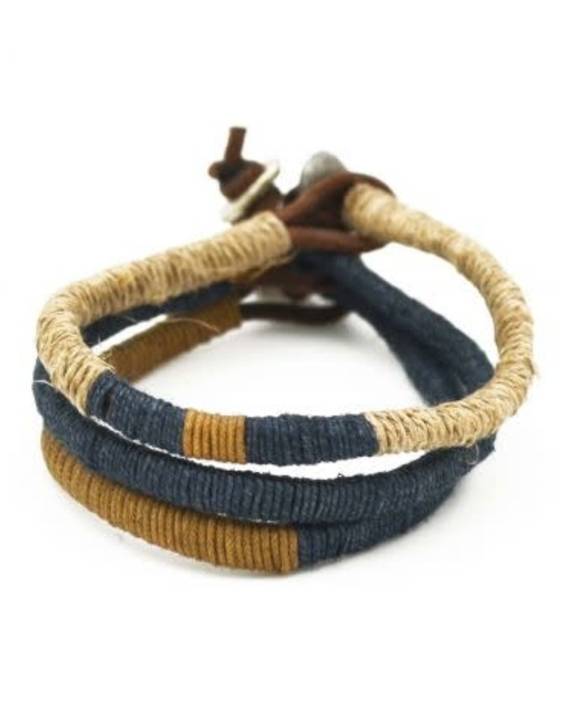Mens Bracelet - Handcrafted Recycled Leather, Jute, Triple Strand and Color - B8002