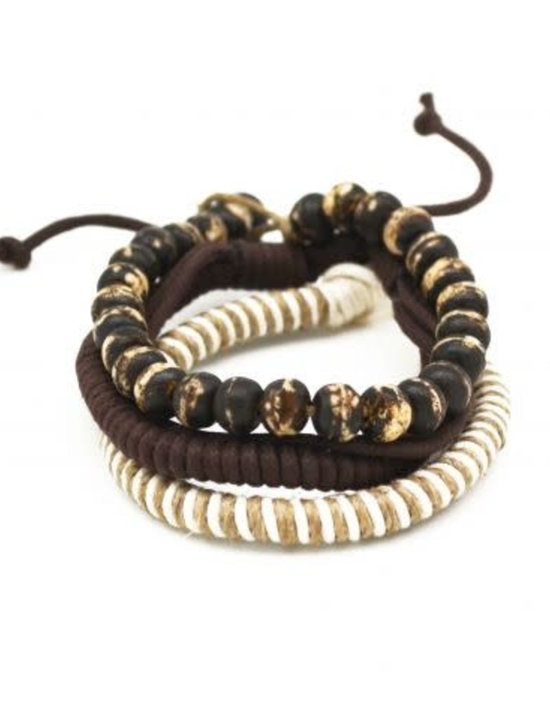 Mens Bracelet - Handcrafted Recycled Leather, Jute, Wooden Beads - B8005