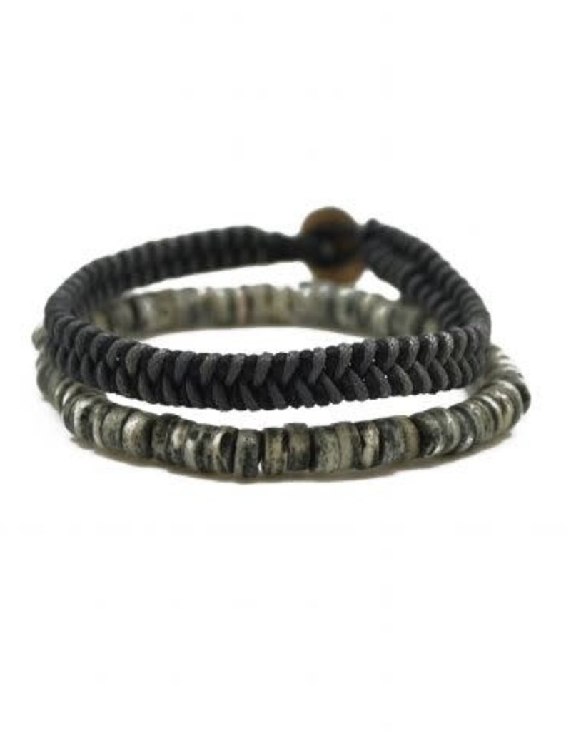 Mens Bracelet - Handcrafted Recycled Leather Chord - Black and Gray - B8025