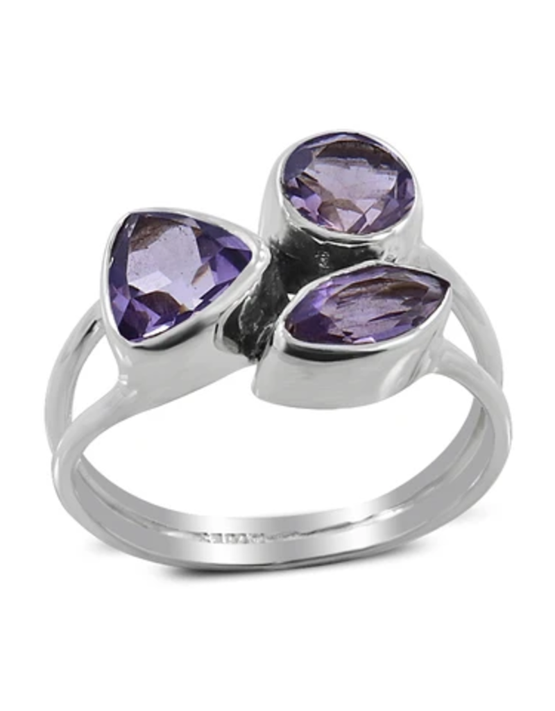 Amethyst, Triple, Sterling Silver Ring (Size 6 1/2) - AGR-20161-03