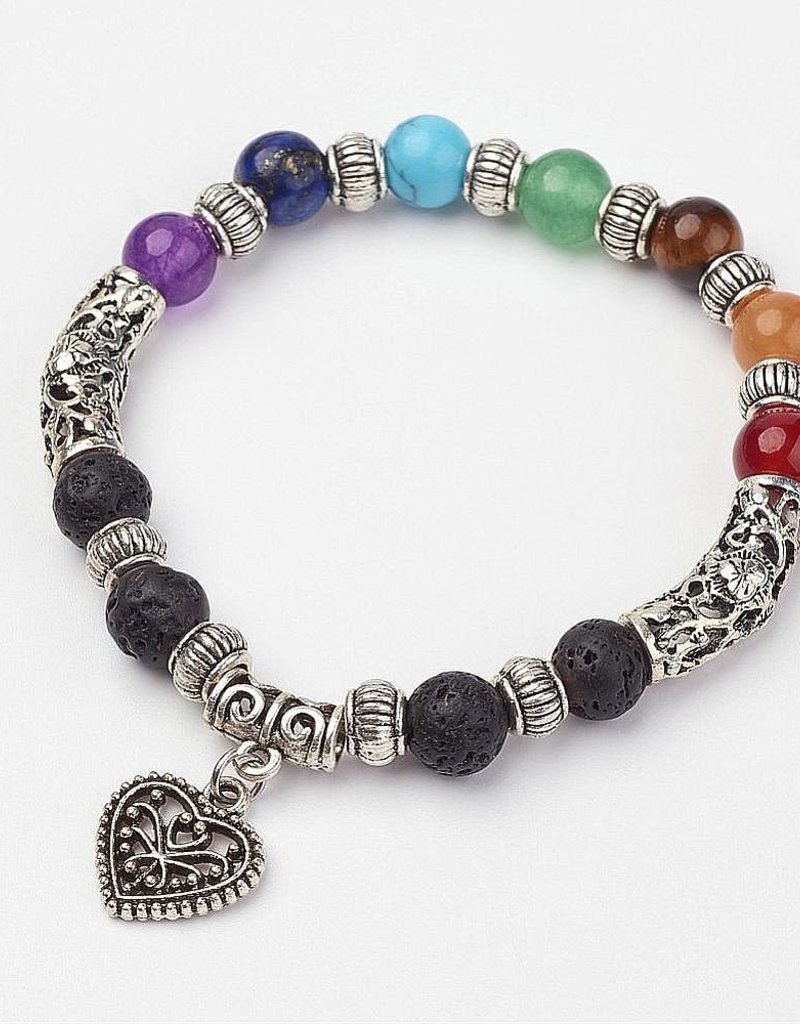 Bracelet- Chakra Stones with Spacer and Heart Charm 8mm- BR22