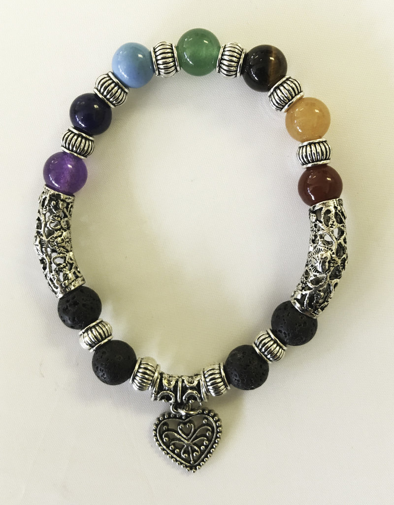 Bracelet- Chakra Stones with Spacer and Heart Charm 8mm- BR22