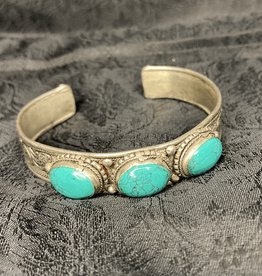 3 Turquoise Stones Cuff Bracelet - 1/2 inch
