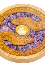 Incense Holder- Round- Healing Hands with Amethyst- Laser Etched Inlay