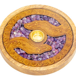Incense Holder- Round- Healing Hands with Amethyst- Laser Etched Inlay