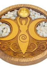 Incense Holder- Round- Moon Goddess with Rainbow Moonstone- Laser Etched Inlay