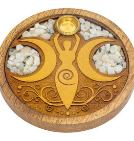 Incense Holder- Round- Moon Goddess with Rainbow Moonstone- Laser Etched Inlay
