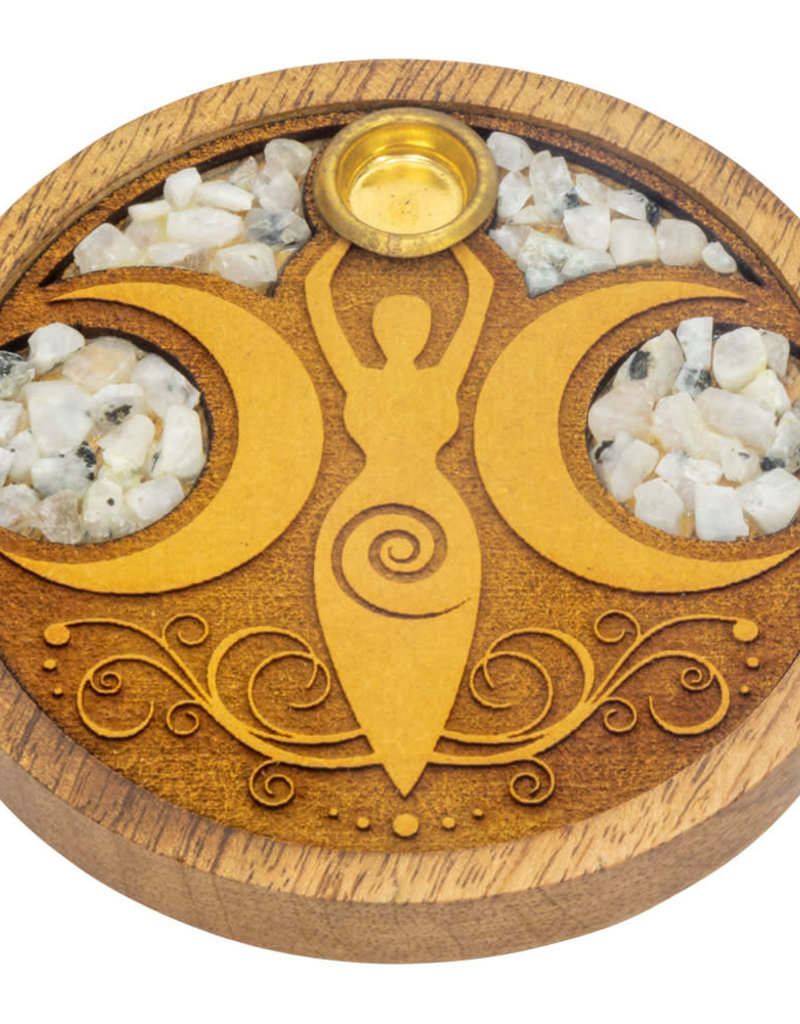 Incense Holder- Round- Moon Goddess with Rainbow Moonstone- Laser Etched Inlay