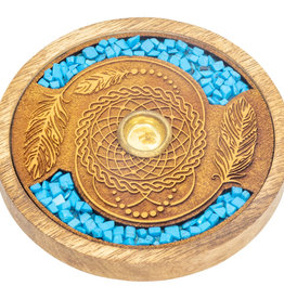 Incense Holder- Round - Dreamcatcher with Turquoise - Laser Etched Inlay