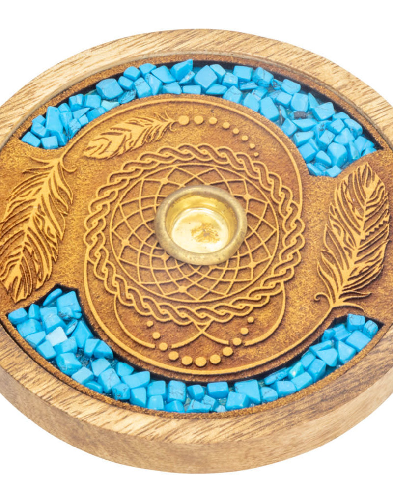 Incense Holder- Round - Dreamcatcher with Turquoise - Laser Etched Inlay