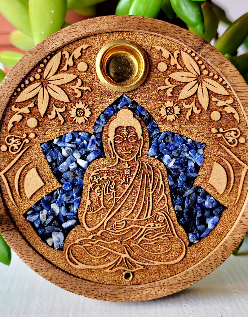 Incense Holder- Round - Buddha with Sodalite - Laser Etched Inlay
