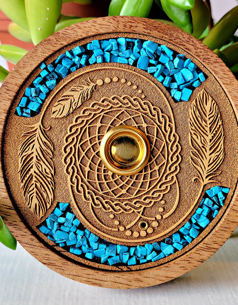 Incense Holder- Round - Dreamcatcher with Turquoise - Laser Etched Inlay