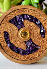 Incense Holder- Round- Healing Hands with Amethyst- Laser Etched Inlay