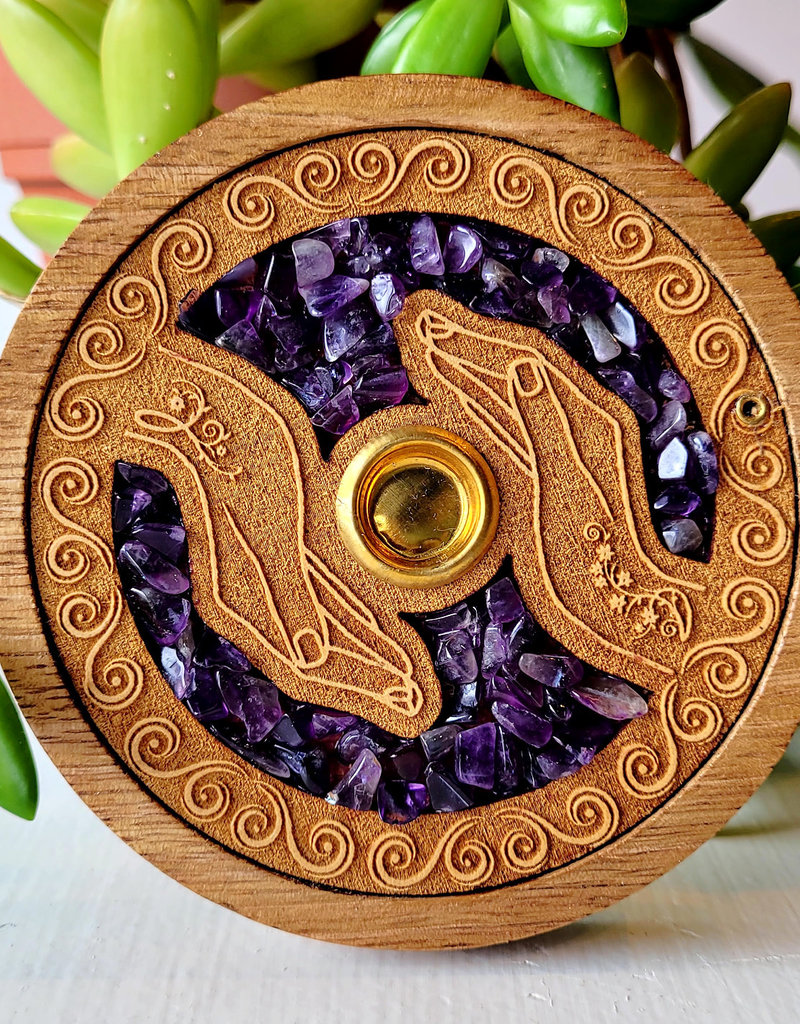 Incense Holder- Round- Healing Hands with Amethyst- Laser Etched Inlay