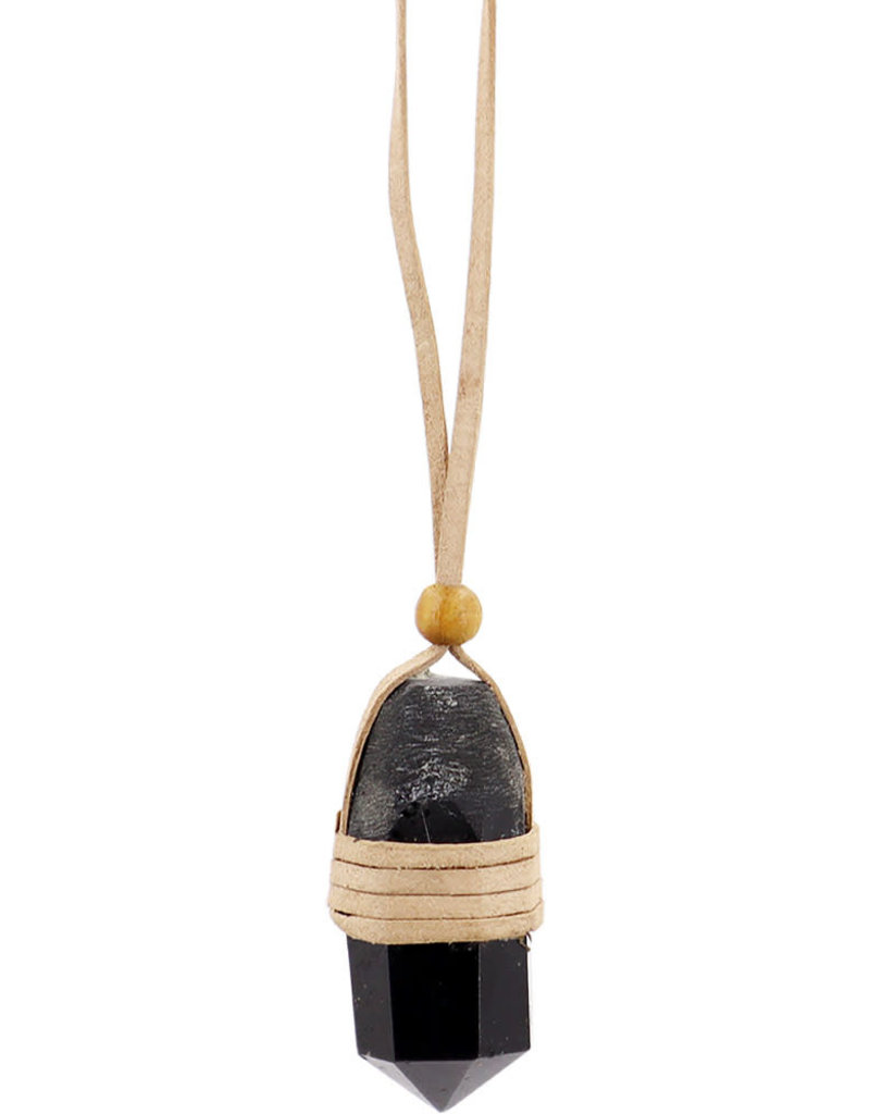 Necklace - Black Tourmaline - Faceted Point Leather Wrapped - 99430