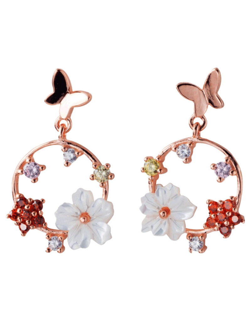 Butterfly Flower Dangle Drop Earrings-Sterling Silver