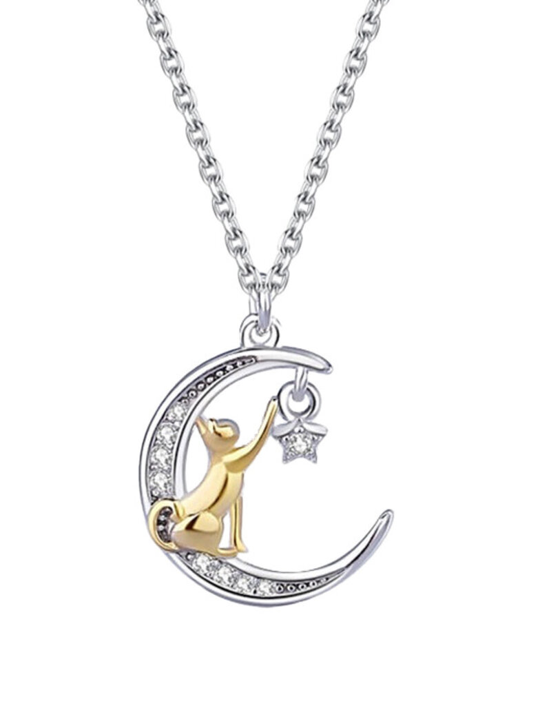 SN- Dainty Cat Moon Star Charm Necklace- Sterling Silver